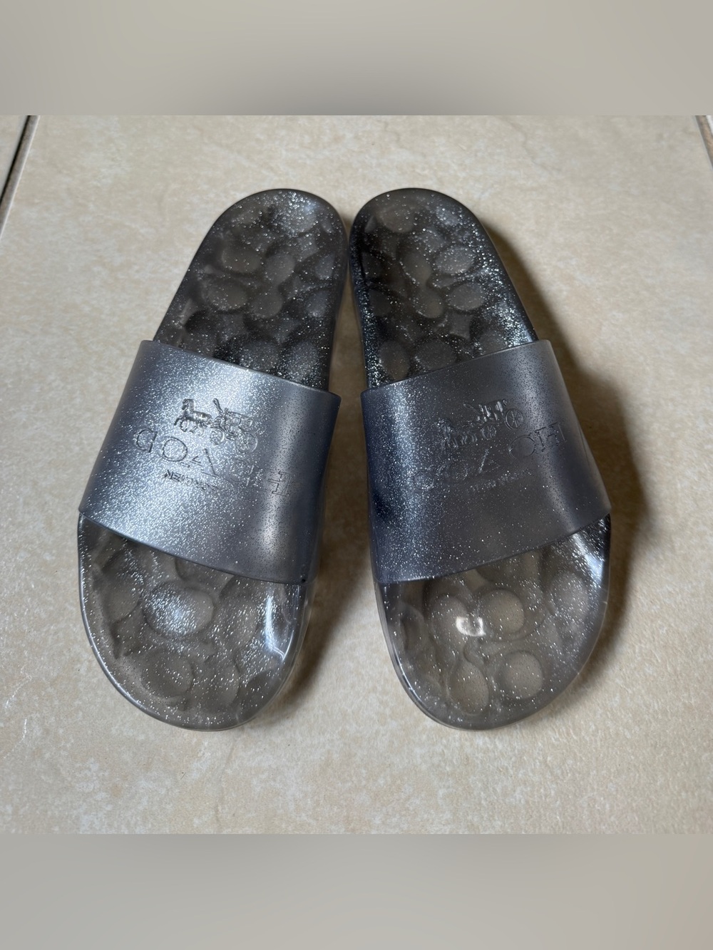 COACH Ulyssa Clear Silver Glitter Jelly Slide Sandals Women's Size 7 (10")